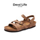 Devo Life的沃軟木涼鞋防滑休閑平底時(shí)尚羅馬復(fù)古夏季勃肯鞋女士涼鞋56170 杏色瘋馬牛皮 37 （建議拍小一碼）