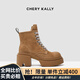 CHERY KALLY【陳都靈同款】氣質厚底馬丁靴女士2025款英倫風真皮粗跟短靴子女 黃棕色【杜雨宸/阿麗亞同款】 37