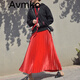 潮牌Avmko半身裙女秋冬2021新款緞面百褶裙高腰顯瘦垂墜感光澤純色半身裙中長(cháng)款亮面a字裙 大紅 腰圍均碼 裙長(cháng)80
