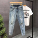 益帛（YIBO）牛仔褲男秋季新款款韓版潮流淺色破洞時(shí)尚百搭毛邊小腳九分褲子男 淺藍色 29【建議105-115斤】