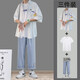 愛洛斯汀堡 夏季休閑套裝男韓版寬松短袖t恤男痞帥潮流衣服一套搭配衣服男裝三件套 白色襯+白短袖+藍(lán)褲 XL【120-140斤】