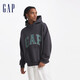 GAP男女裝春秋碳素軟磨抓絨格紋logo連帽衛衣情侶上衣609221
