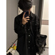 衣然呈品黑色毛邊牛仔外套男款鉚釘工裝潮牌寬松褂子休閑百搭高街夾克男士 黑色 L【建議110-130斤】
