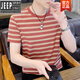 JEEP高檔2025夏季新款橫條紋短袖T恤男純棉吸汗圓領(lǐng)T恤男裝水洗半袖上 紅色 XL