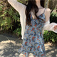 miss nitaly香港復(fù)古碎花V領(lǐng)吊帶裙子荷葉邊連衣裙女夏季新款高腰度假風(fēng)短裙防曬衫兩件披肩 藍(lán)色套裝 M90-98斤偏小一碼