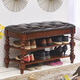 福思源美式實(shí)木換鞋凳入戶(hù)家用可坐鞋架收納凳歐式儲物穿鞋凳子組裝門(mén)口 櫻桃色+深棕色真皮帶翻蓋 拉扣 50CM*30CM*48CM