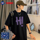 WHIM NASA夏季純棉落肩短袖T恤男新款韓版潮牌圓領(lǐng)印花百搭休閑半袖打底衫 黑色 XL