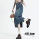 蘿美醬復古牛仔裙半身裙女春秋高腰遮胯a字顯瘦中長(cháng)款開(kāi)叉包臀裙子寬松 復古藍一?？酆箝_(kāi)叉 M 【建議99-112斤】