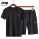 JEEP吉普短袖t恤套裝男士夏季運動休閑透氣吸汗70棉寬松大碼青中年短褲套裝潮兩件套一身 黑色 XXXL