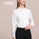 路施南高檔別致長(cháng)袖襯衫女士2025春秋季新款壓褶立領(lǐng)襯衣緞面法式雪紡衫 米白 CC0033 S