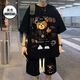 摘星少年衣服男嘻哈小熊華夫格休閑運動(dòng)套裝男士夏季短褲短袖t恤青少年大碼夏裝 DKHTZ303黑色 L