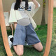 緣家馨（yuanjiaxin）夏季薄款孕婦牛仔短褲寬松加肥大碼托腹褲闊腿褲加肥加大碼220斤 704款短褲中藍(lán) 3XL