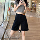 朵粉兒牛仔短褲女夏寬松2021年夏季薄款五分褲直筒港味高腰顯瘦闊腿中褲 黑色 28碼 2尺1