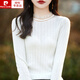 皮爾卡丹（pierre cardin）春秋新款打底衫精紡100%羊毛衫女圓領(lǐng)蕾絲木耳邊薄款針織內(nèi)搭上衣 白色 S
