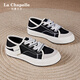 拉夏貝爾女鞋帆布鞋厚底休閑板鞋百搭輕便單鞋女 黑米-055-雙層鞋帶 37 