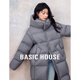 Basic House/百家好韓版連帽中長(cháng)款羽絨服女雙拉鏈立領(lǐng)白鴨絨外套 灰色 L
