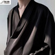 普戈斯（PUGESI）新中式國風(fēng)男裝感V領(lǐng)盤(pán)扣襯衫男設計感小眾山本風(fēng)襯衣詰襟服 黑色 XL