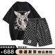 MR-90官方潮牌男女款美式復(fù)古純棉上衣短褲兩件套夏季骷髏天使情侶套裝 黑色短袖+黑色短褲（NE210） M（建議100-130斤）