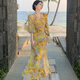 領(lǐng)季（Lingtos）法式碎花連衣裙女2024年夏天新款度假沙灘裙長裙黃色戰(zhàn)袍裙子女夏 圖色 M