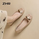 ZHR淺口單鞋女春秋粗跟通勤女鞋優(yōu)雅方扣真牛皮船鞋女 AH378 杏色 36