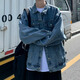 衣然呈品工裝牛仔夾克男春秋季韓版潮流寬松bf港風(fēng)美式復古休閑百搭外套男 藍色 L【建議105-125斤】