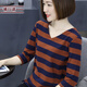 橫行道2026女裝條紋t恤新款中長(cháng)袖七分袖上衣服v領(lǐng)寬松打底衫外穿春裝 杏藍 3XL