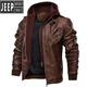 JEEP SPIRITJeep/吉普男裝歐美連帽機車服皮衣2025秋冬季新款男士PU皮 咖啡 M