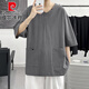 皮爾卡丹（pierre cardin）夏季棉麻V領短袖t恤男中國風男裝純色七分袖寬松大碼半袖體恤休閑 深灰色 4XL 160-180斤