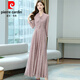 皮爾卡丹（pierre cardin）長(cháng)袖碎花雪紡連衣裙女春秋裝2025新款收腰修身顯瘦氣質(zhì)減齡長(cháng)裙子 皮粉色 L