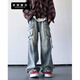 京獅戴爾美式復古破洞工裝牛仔褲男秋季寬松直筒闊腿褲高街潮牌嘻哈休閑褲 復古藍 K691 L (建議120-135斤)