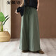 安婭詩(shī)休閑褲女棉麻2021春季文藝范薄款闊腿褲女長(cháng)褲寬松涼爽垂墜松緊腰女褲 墨綠色 原尺碼M