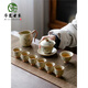 手繪豆黃汝窯三才蓋碗茶杯功夫茶具套裝陶瓷家用中式輕奢高檔泡茶 9頭手繪惜竹豆黃汝窯醉陌蓋碗禮盒套裝（帶茶漏款）