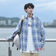 魯賓克 長(cháng)袖襯衫男春秋新款港風(fēng)ins潮流寬松休閑格子襯衣學(xué)生薄款外套 藍色 XL