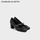 CHARLES&KEITH亮鉆一字帶高跟瑪麗珍鞋女生日禮物女七夕禮物CK1-60280448 BLACK TEXTURED黑色紋理 36
