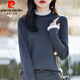 皮爾卡丹（pierre cardin）歐貨秋冬新款木耳蕾絲領(lǐng)針織衫女半高領(lǐng)抽條顯瘦套頭毛衣衫打底衫 灰色 XL