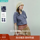 茵曼復古花邊V領(lǐng)格子襯衫2025夏季女裝新款度假風(fēng)短袖襯衣 藏青 M