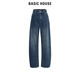 BASIC HOUSE/百家好復古彎刀褲女2024冬季高腰闊腿寬松顯瘦加絨蘿卜牛仔褲 牛仔藍 M