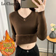 拉夏貝爾（La Chapelle）秋冬季加絨加厚毛衣女一體絨v領(lǐng)內搭打底針織衫修身大碼保暖上衣 純100自動(dòng)發(fā)熱咖啡色【加 厚一體絨】 純100自動(dòng)發(fā)熱XL 建議(115-130斤)