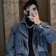 NAOISKEY?腦斯基秋冬季新款潮牌寬松休閑假兩件牛仔翻領(lǐng)高腰個(gè)性款新中式百搭外套 藍色 M 建議90-105斤
