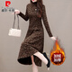 皮爾卡丹（pierre cardin）冬天內(nèi)搭中長款碎花連衣裙女秋冬季新款媽冬裝加絨加厚打底過膝 咖啡色 (加絨加厚) 3XL