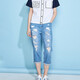 艾格破洞牛仔褲女2024年春季新款試試百搭直筒七分褲小腳褲鉛筆褲Z75 藍色 40L