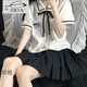織姬日系jk制服襯衫短袖上衣女夏季新款學(xué)院風(fēng)小個(gè)子學(xué)生百褶短裙套裝 白色襯衫+黑色百褶裙 S