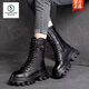 啄木鳥(niǎo)中筒靴女2025秋冬款松糕厚底復古工裝馬丁靴增高機車(chē)靴真皮 黑色【加絨保暖】 39
