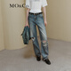 MO&Co.牛仔褲手工剪口爛洞高腰天絲棉直筒闊腿褲裝摩安珂 牛仔藍色 XXS 24