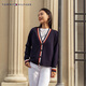 Tommy Hilfiger【羊毛羊絨混紡】秋冬女裝休閑慵懶拼色寬松V領(lǐng)開(kāi)衫毛衣外套 藏青色DW5 S
