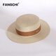 Fangchi草帽女士夏天出游遮陽(yáng)防曬百搭沙灘帽INS網(wǎng)紅款時(shí)尚平頂禮帽 米色+卡其織帶 可調節