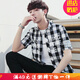 嘉曄短袖襯衫男夏季新款韓式潮流男士格子襯衫短袖襯衫韓版潮流襯衫 藏青 XL