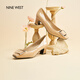 NINE WEST/玖熙高跟鞋粗跟新款真皮通勤方頭金屬扣女士單鞋七夕禮物 杏色 36