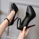 彩姿蓮歐美性感淺口啞光黑色一字扣帶高跟單鞋尖頭細跟防水臺高跟鞋女 黑色【12CM】 38