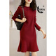SXA香港潮牌長(cháng)袖針織連衣裙女2024秋冬新款小個(gè)子氣質(zhì)荷葉邊打底裙 酒紅色 L